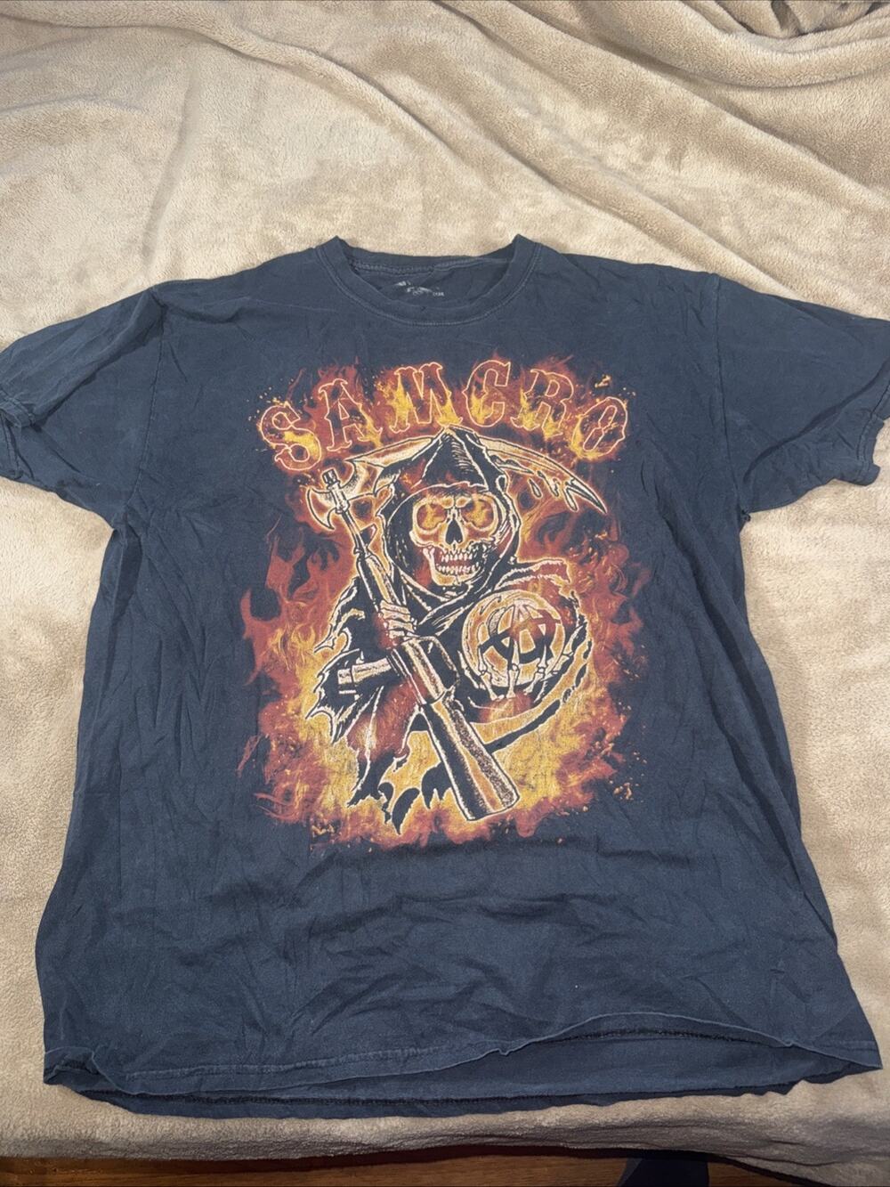 Sons Of Anarchy Men's Samcro Flaming Grim Reaper T-Shirt Black Large Crew Neck